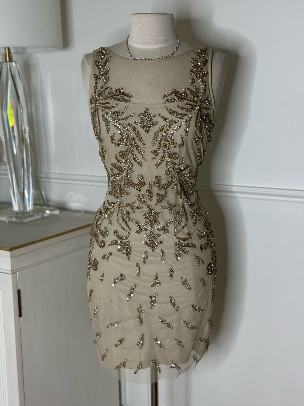Aidan Mattox Gold Beaded Nude Sheer Mini Dress